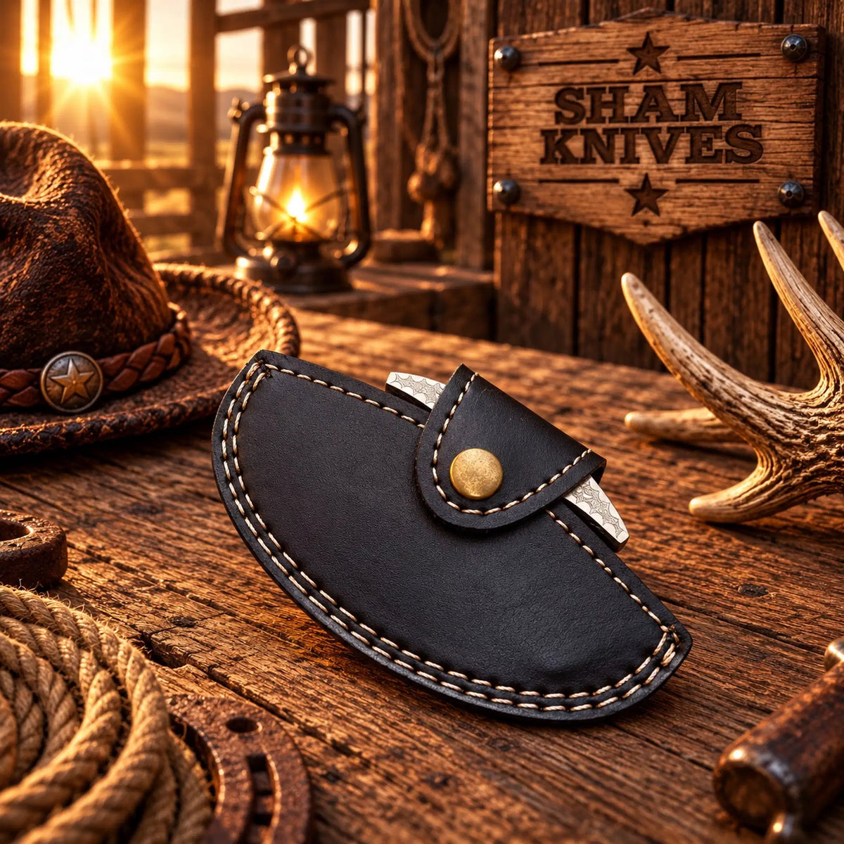 Brass knuckle display piece with hand-stitched black leather sheath