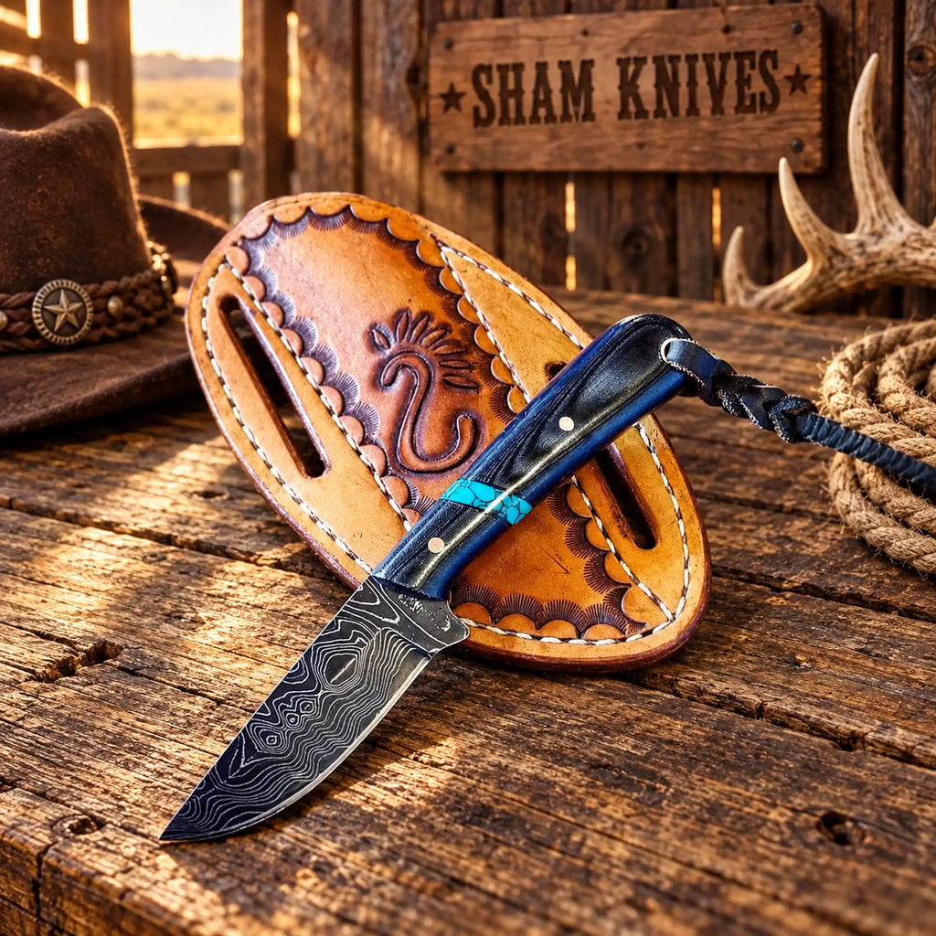 SHAM Knives cross-draw Damascus knife with G10 handle