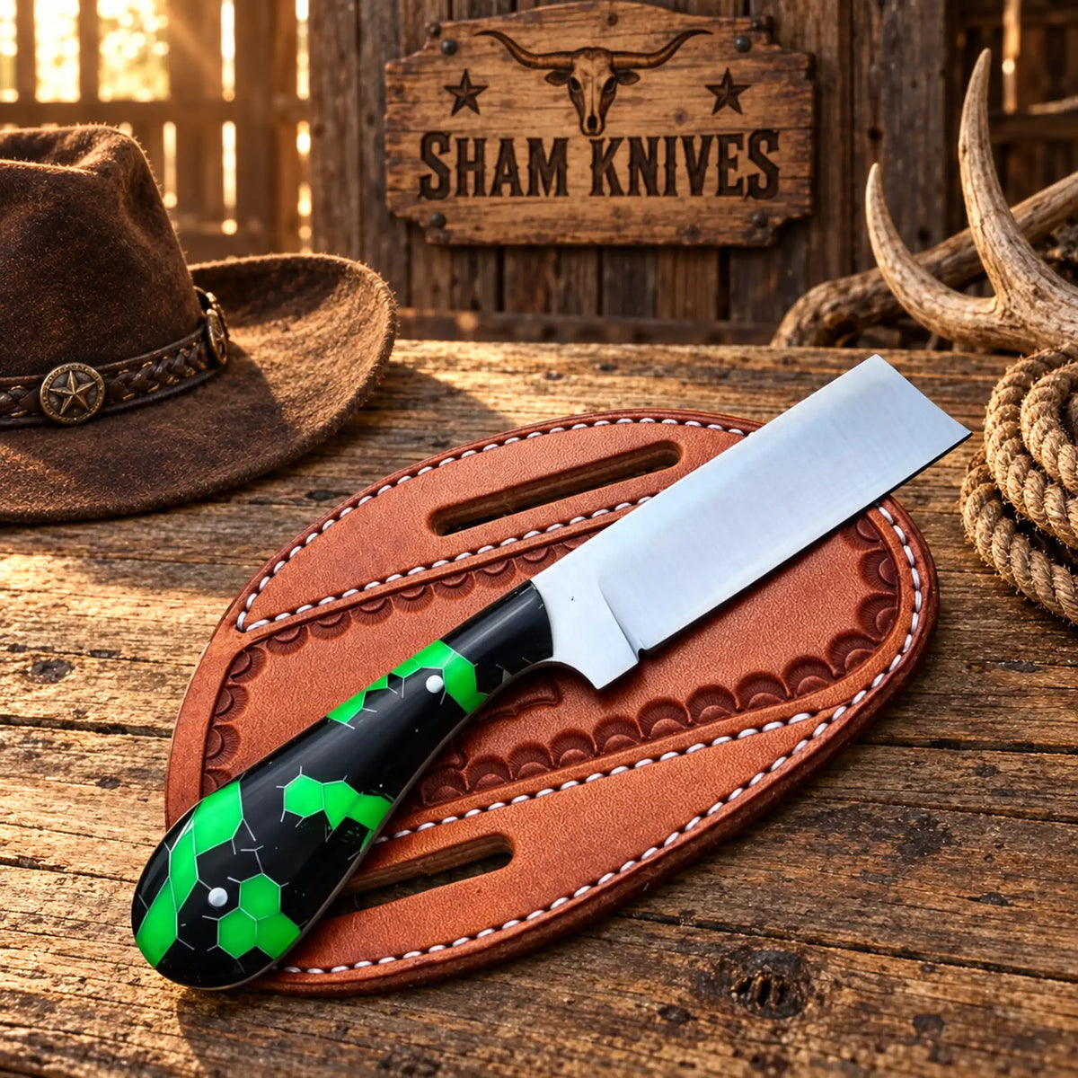 SHAM Knives D2 steel cowboy bull cutter with green handle and pancake belt sheath