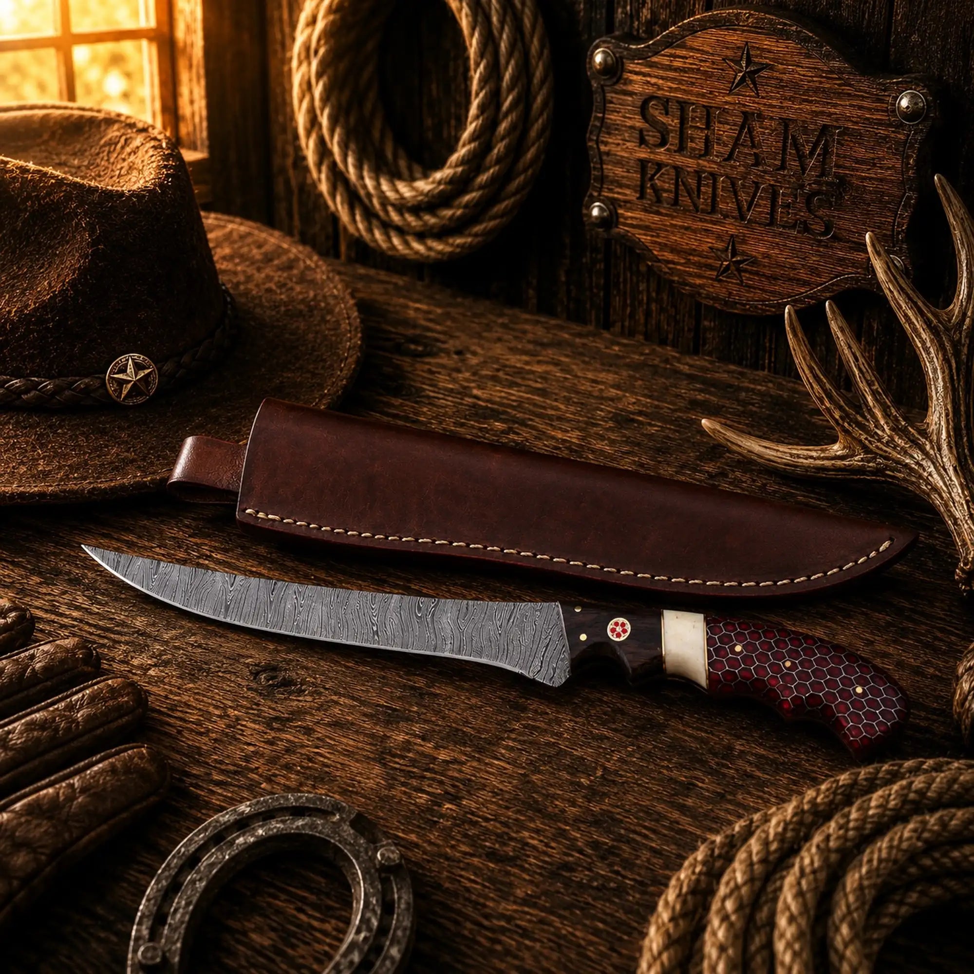 Handmade Damascus fishing knife with red honeycomb handle and leather sheath