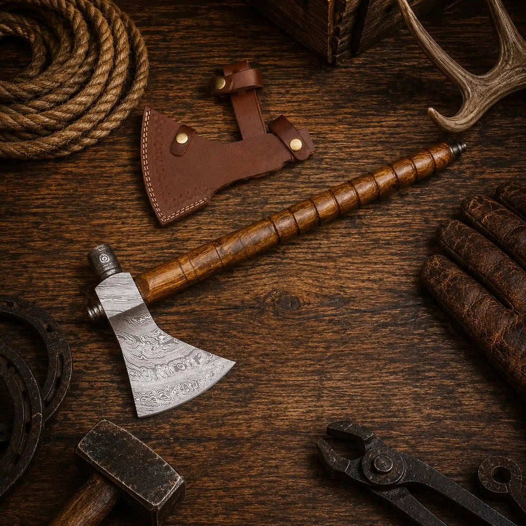 Handmade Damascus Viking style axe with rosewood handle