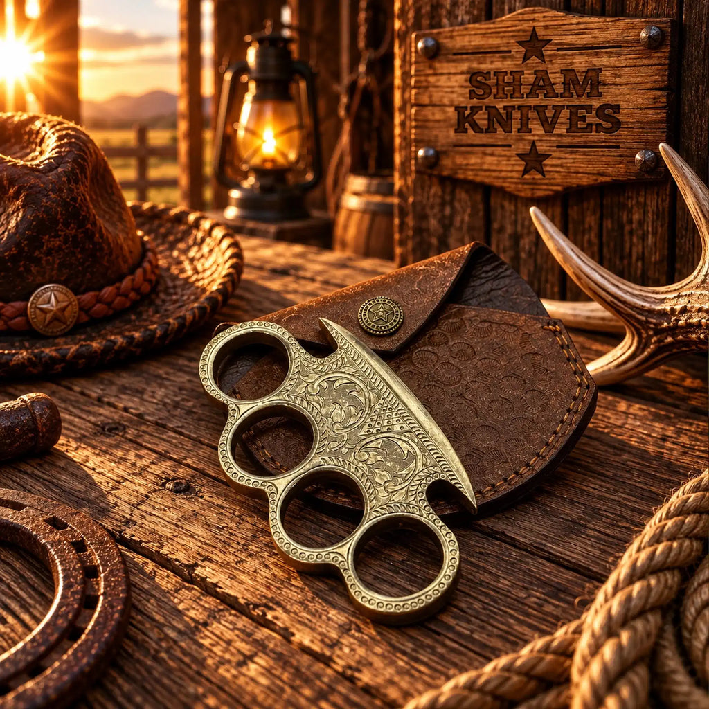 Royal Grip engraved brass knuckle collectible with brown leather sheath
