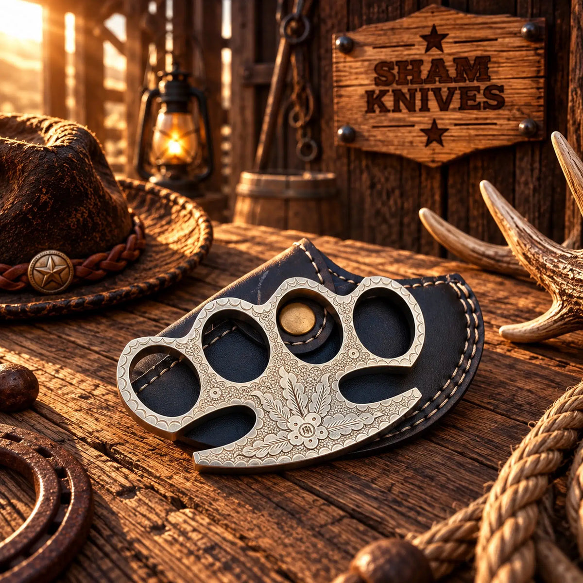 Crown Jewel engraved brass knuckle collectible with black leather sheath