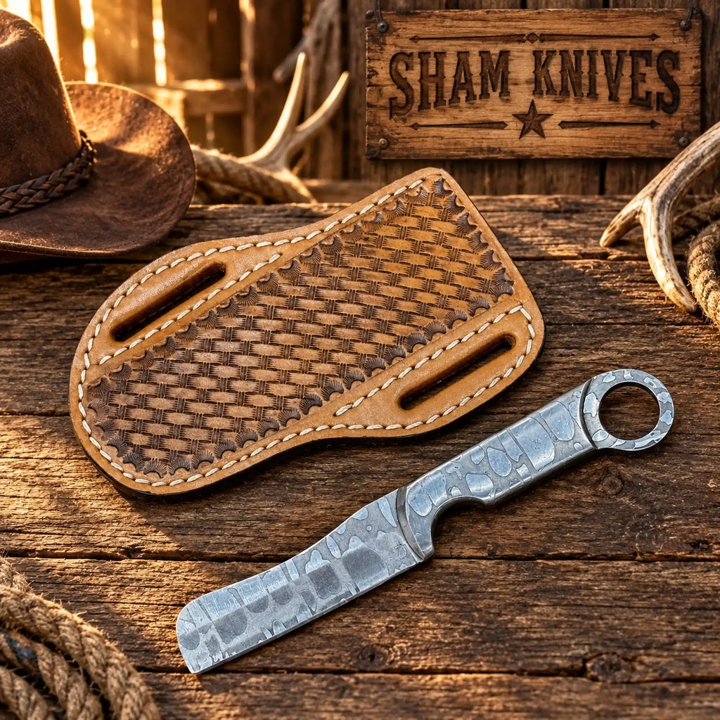 SHAM Knives engraved D2 steel bull cutter with tooled sheath