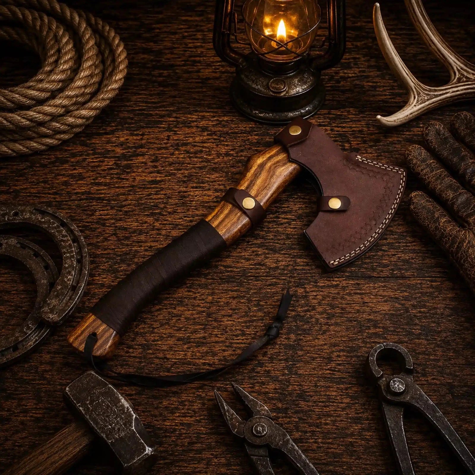 Sham Knives hand forged carbon steel hatchet with rose wood handle with leather sheath