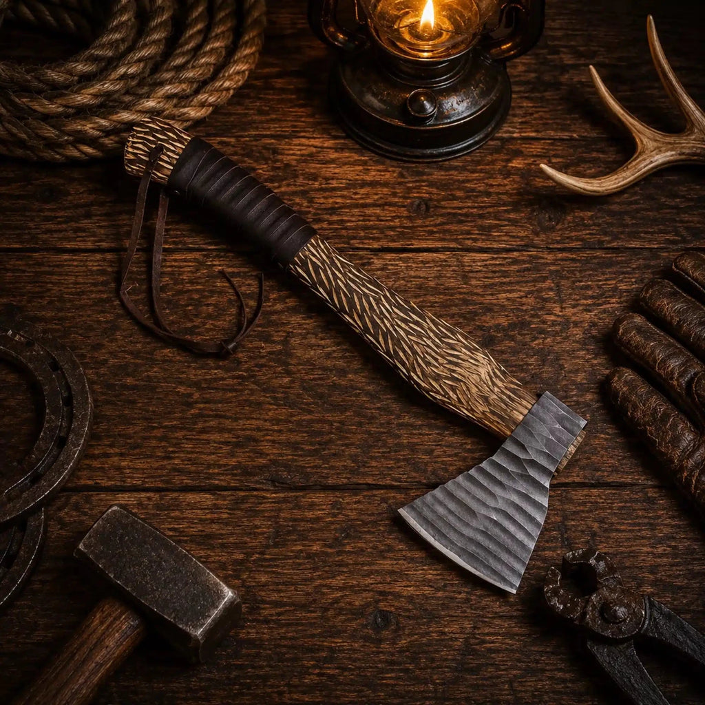 Sham Knives 20 inch Viking axe with carbon steel head and leather sheath