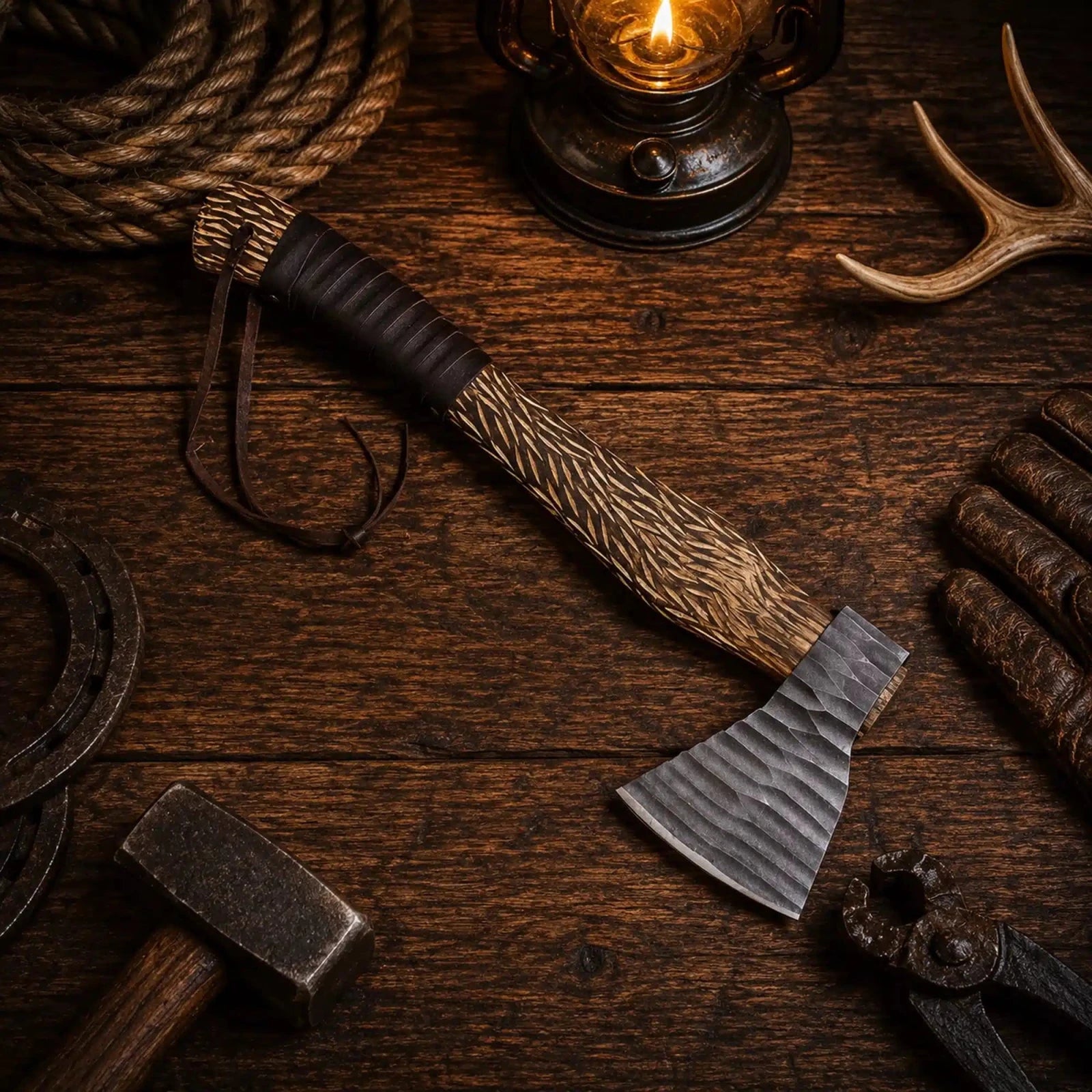 Sham Knives 20 inch Viking axe with carbon steel head and leather sheath