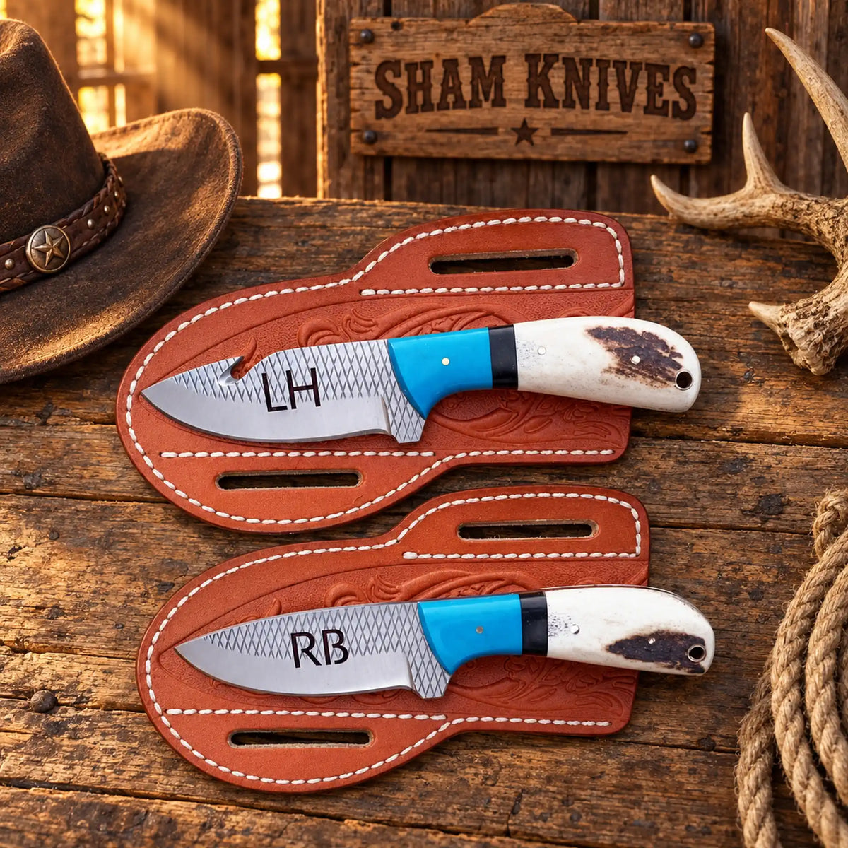 Two-piece hunting knife set with cross-draw pancake sheaths