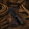 Western fixed blade knife with ergonomic Micarta handle and leather cross draw sheath.