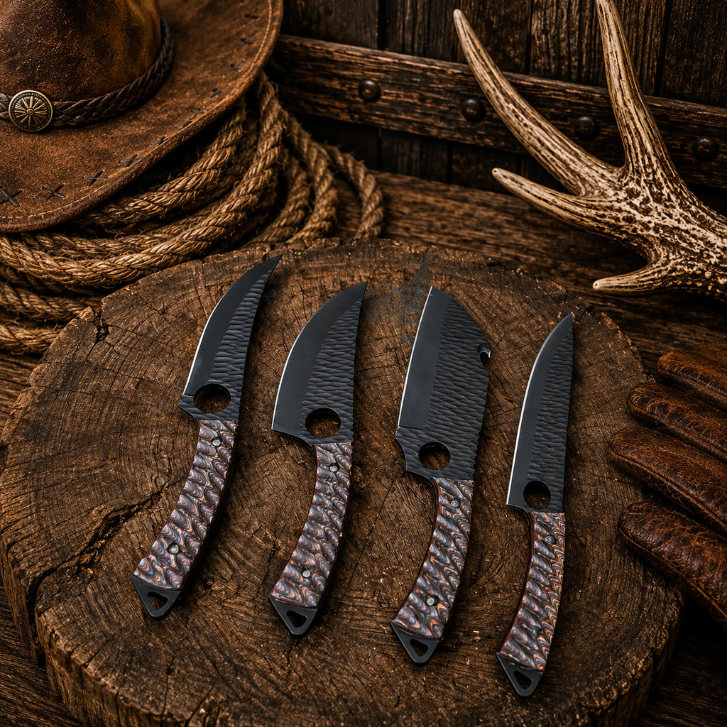 Professional D2 steel kitchen knife collection for camping and outdoor cooking.
