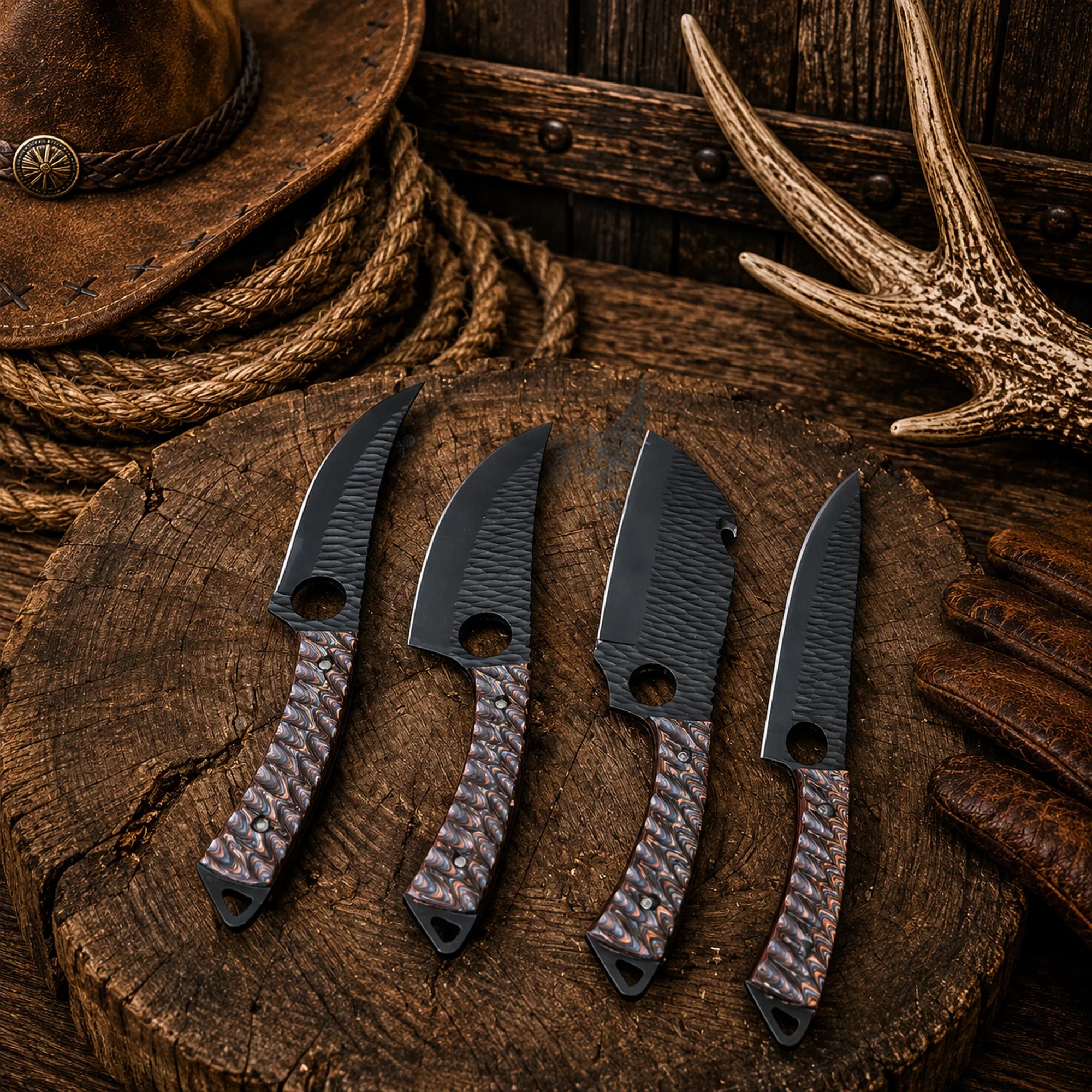 Professional D2 steel kitchen knife collection for camping and outdoor cooking.