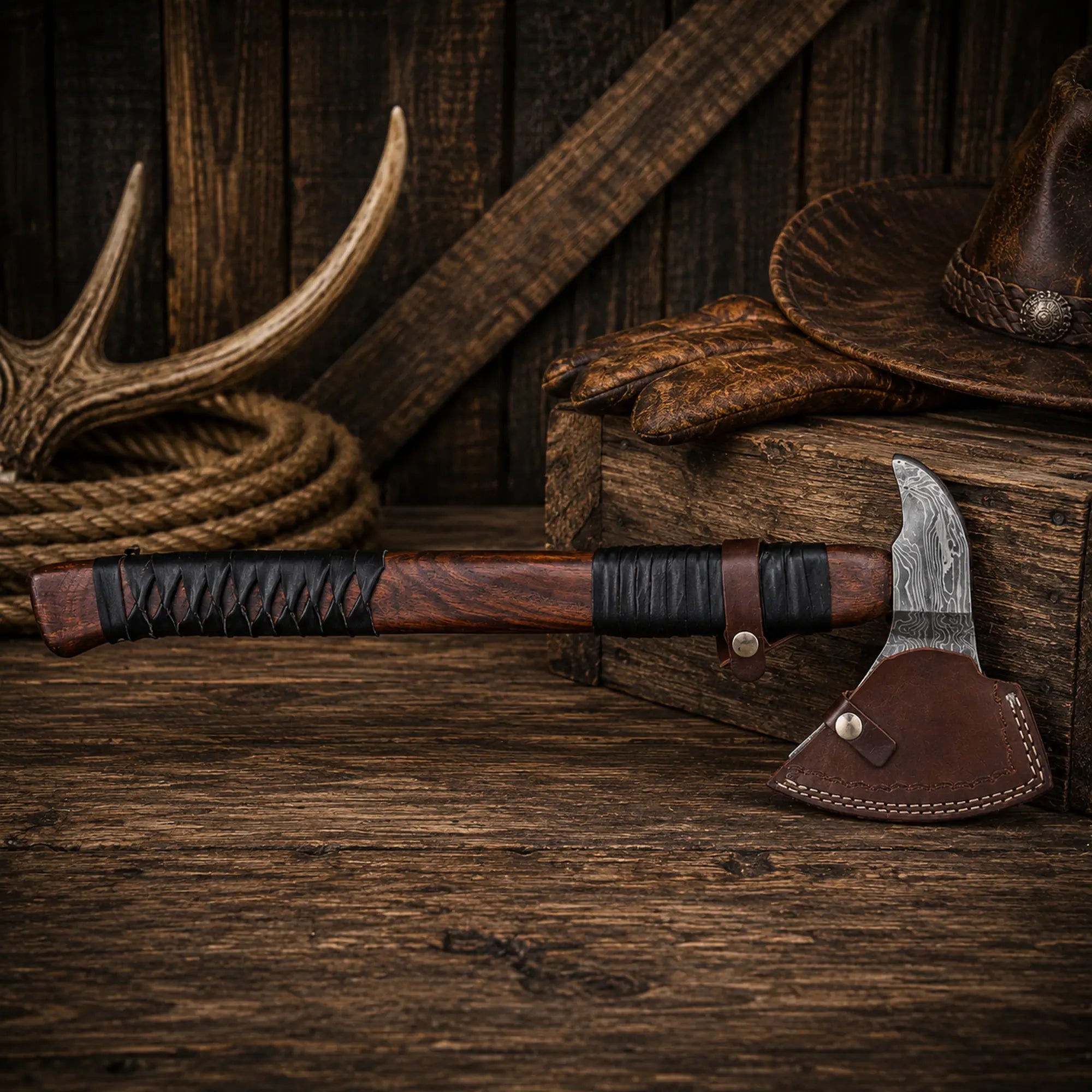 23 inch Damascus Steel Viking Axe with premium leather sheath