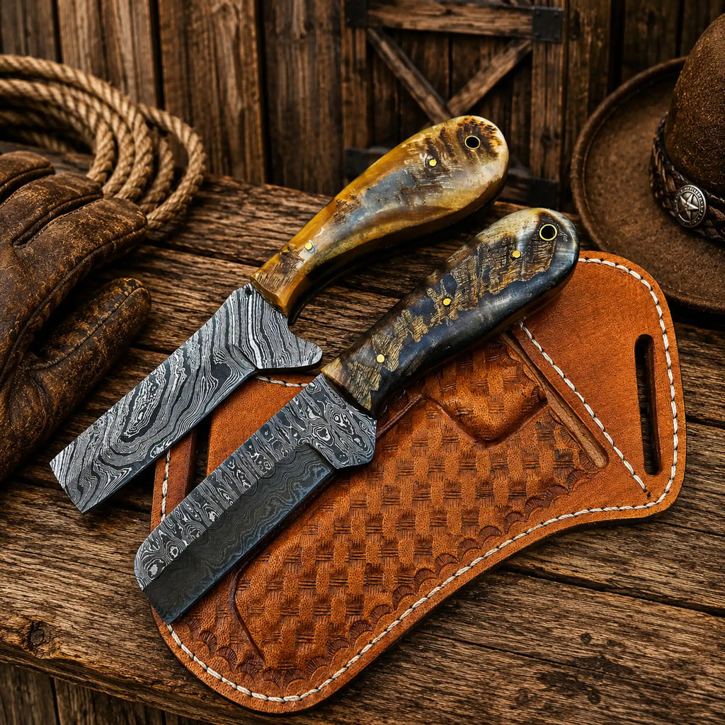 Handmade bull cutter knives inspired by traditional cattleman tools.