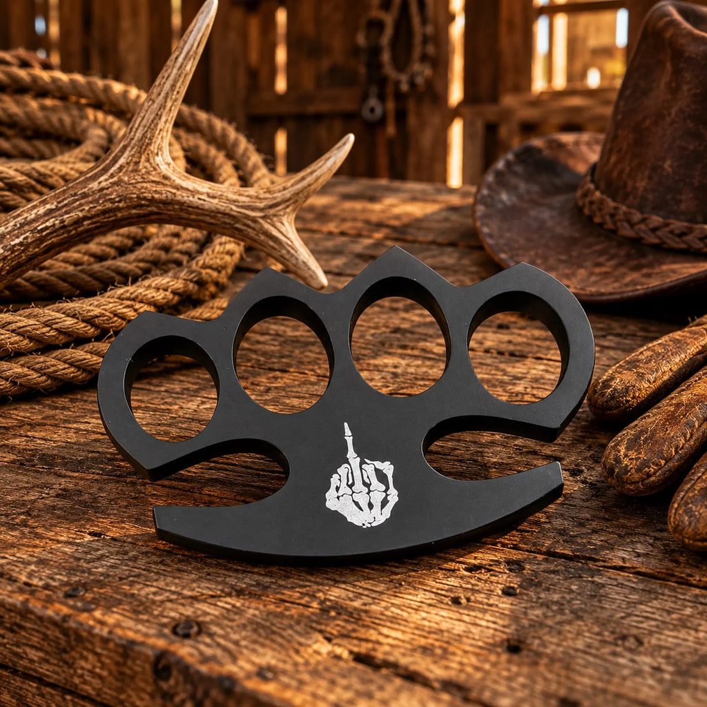 Skeleton Middle Finger matte-black knuckle collectible by SHAM KNIVES