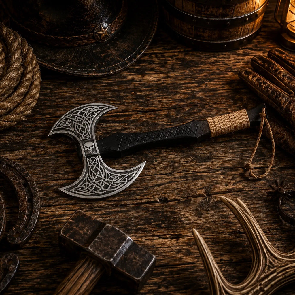 Skull etched double-headed Viking axe with ash wood handle