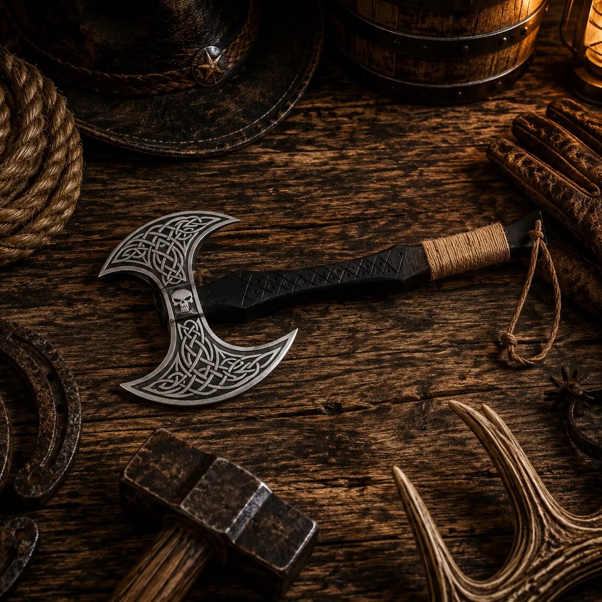 Skull etched double-headed Viking axe with ash wood handle