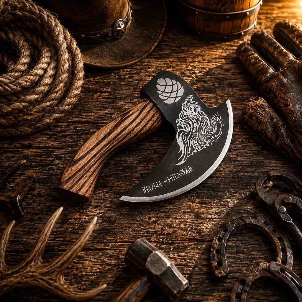 Skull Etched Pizza Cutter Axe – Medieval Carbon Steel Pizza Axe - SHAM KNIVESpizza cutter axeSHAM KNIVESMedieval carbon steel pizza axe with skull and Nordic detailing