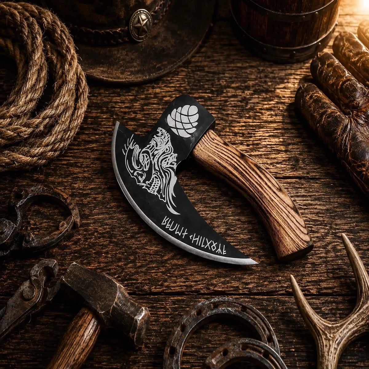 Skull Etched Pizza Cutter Axe – Medieval Carbon Steel Pizza Axe - SHAM KNIVESpizza cutter axeSHAM KNIVESHandmade Viking style pizza cutter with curved carbon steel blade