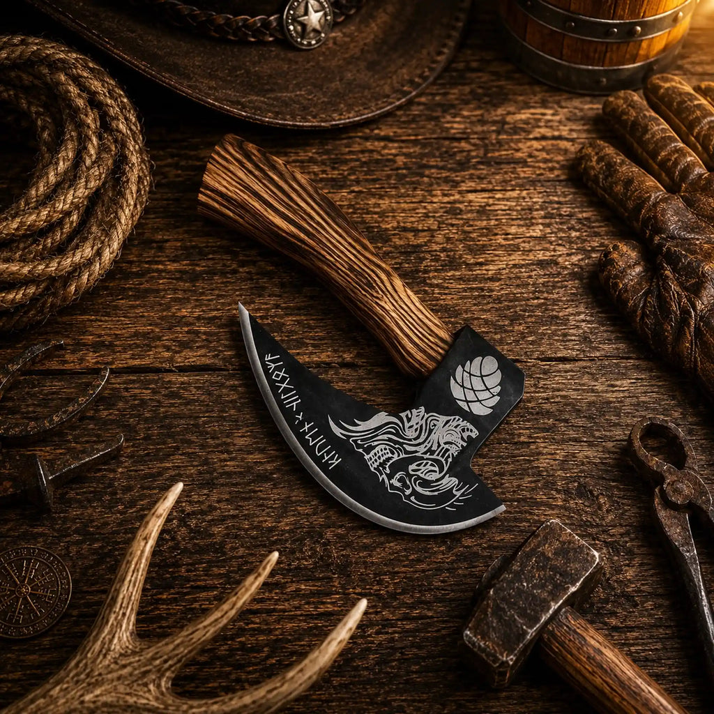 Skull etched pizza cutter axe with burnt ash wood handle