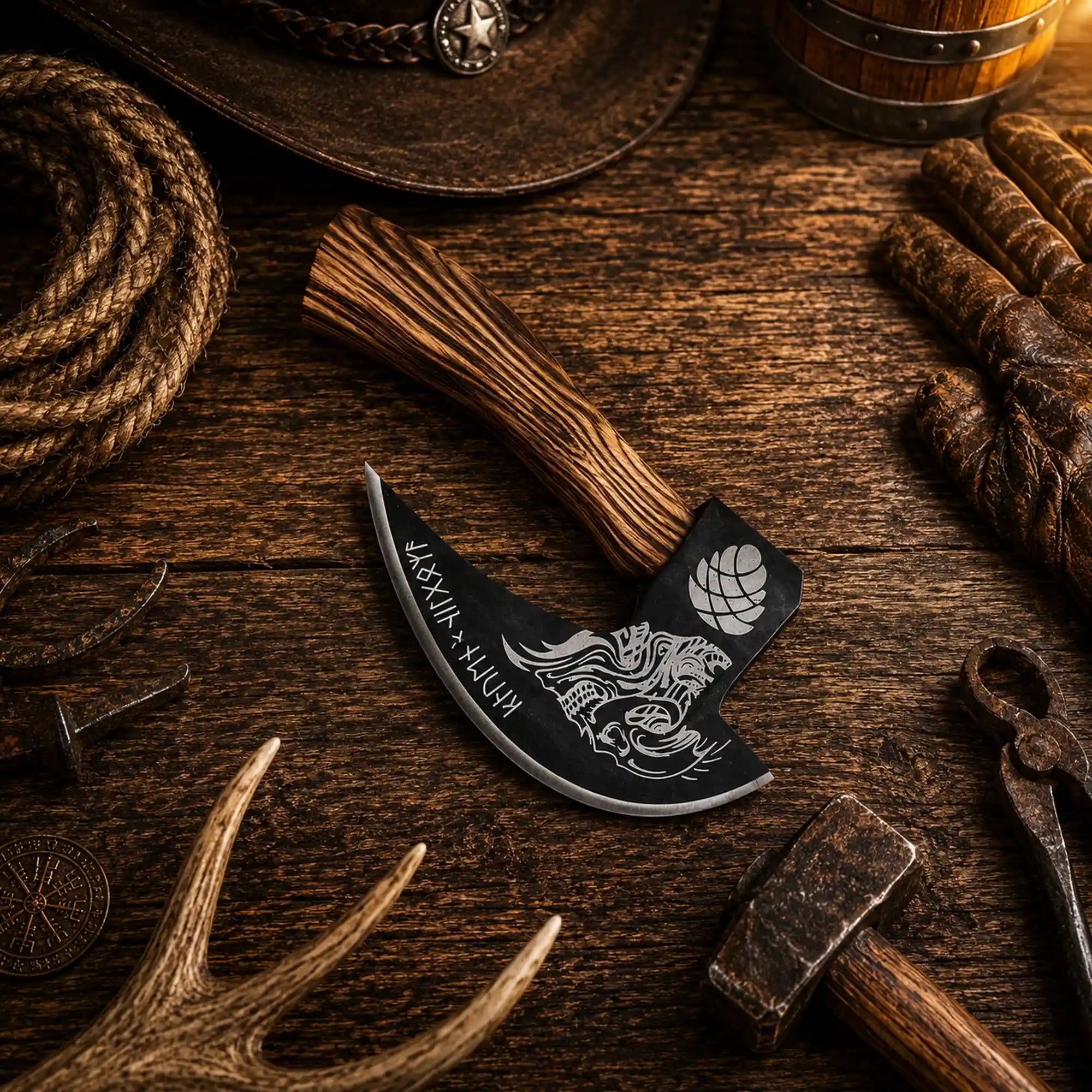 Skull etched pizza cutter axe with burnt ash wood handle