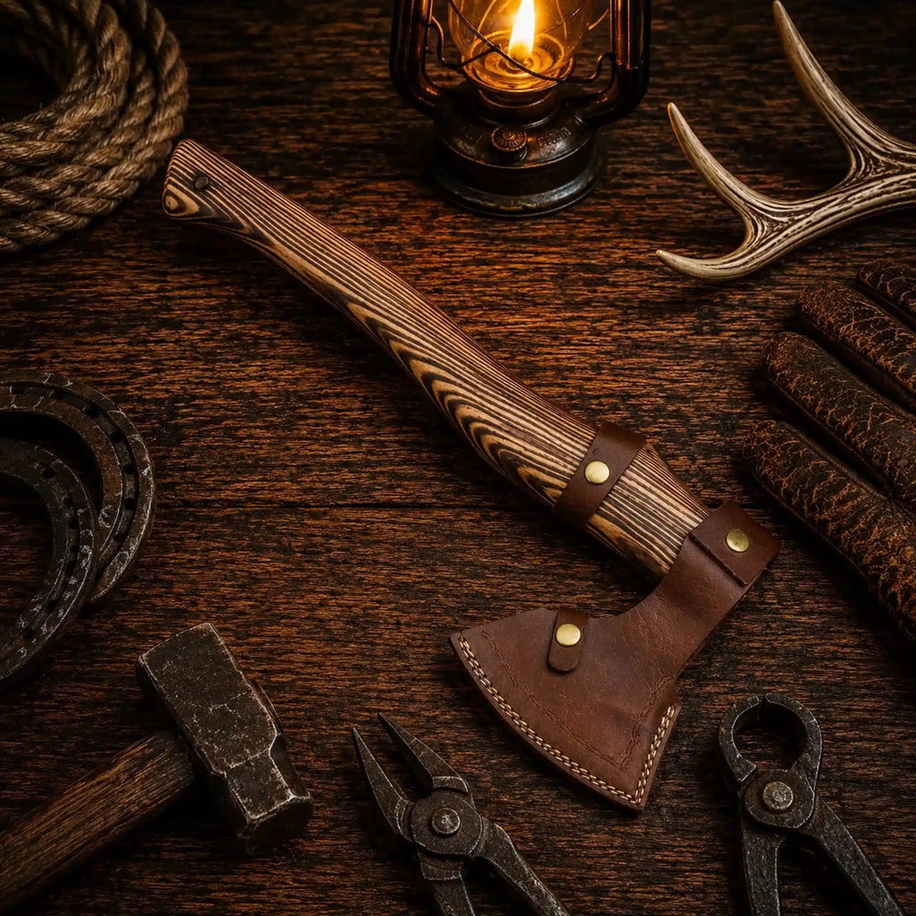 Viking field axe with burnt ashwood handle and leather belt sheath