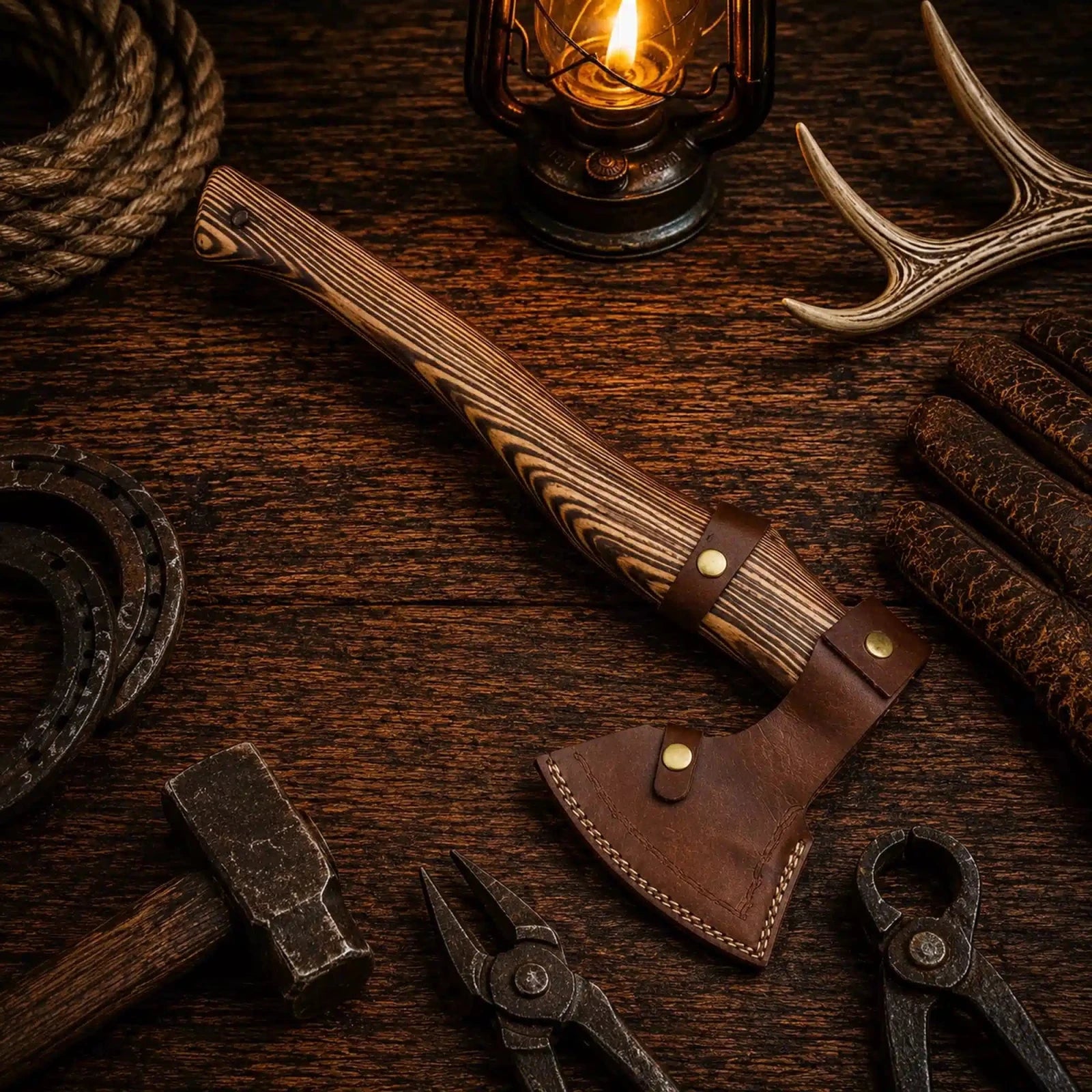 Viking field axe with burnt ashwood handle and leather belt sheath