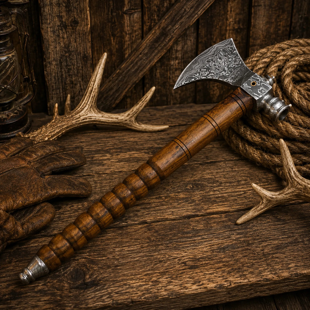 Handmade Damascus steel tomahawk with smokey hardwood handle displayed on a rustic wooden table.