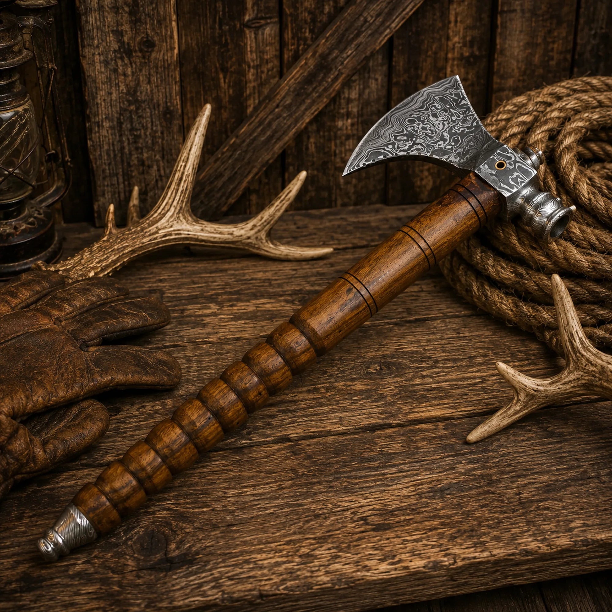 Handmade Damascus steel tomahawk with smokey hardwood handle displayed on a rustic wooden table.