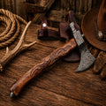 Handmade Damascus smoking pipe tomahawk with carved rosewood handle with leather belt sheath