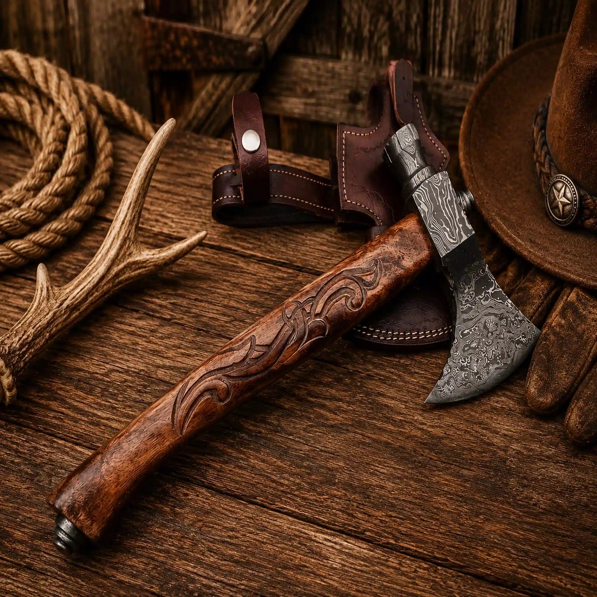 Handmade Damascus smoking pipe tomahawk with carved rosewood handle with leather belt sheath