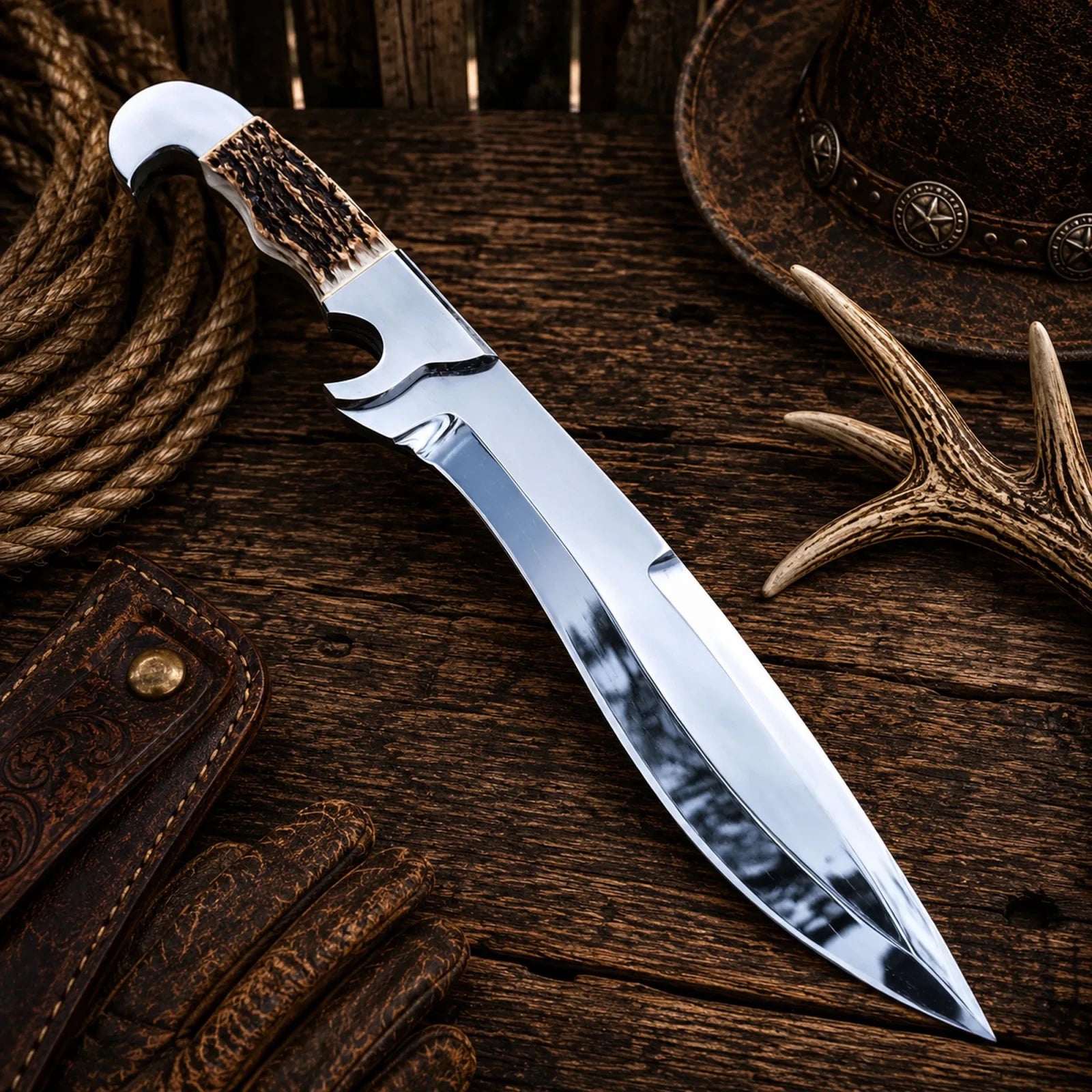 Stag Handle Hunting Bowie Knife – 17" D2 Steel Blade & Leather Sheath - SHAM KNIVESBowie knifeSHAM KNIVESHandmade 17-inch D2 steel Bowie knife with natural stag horn handle.