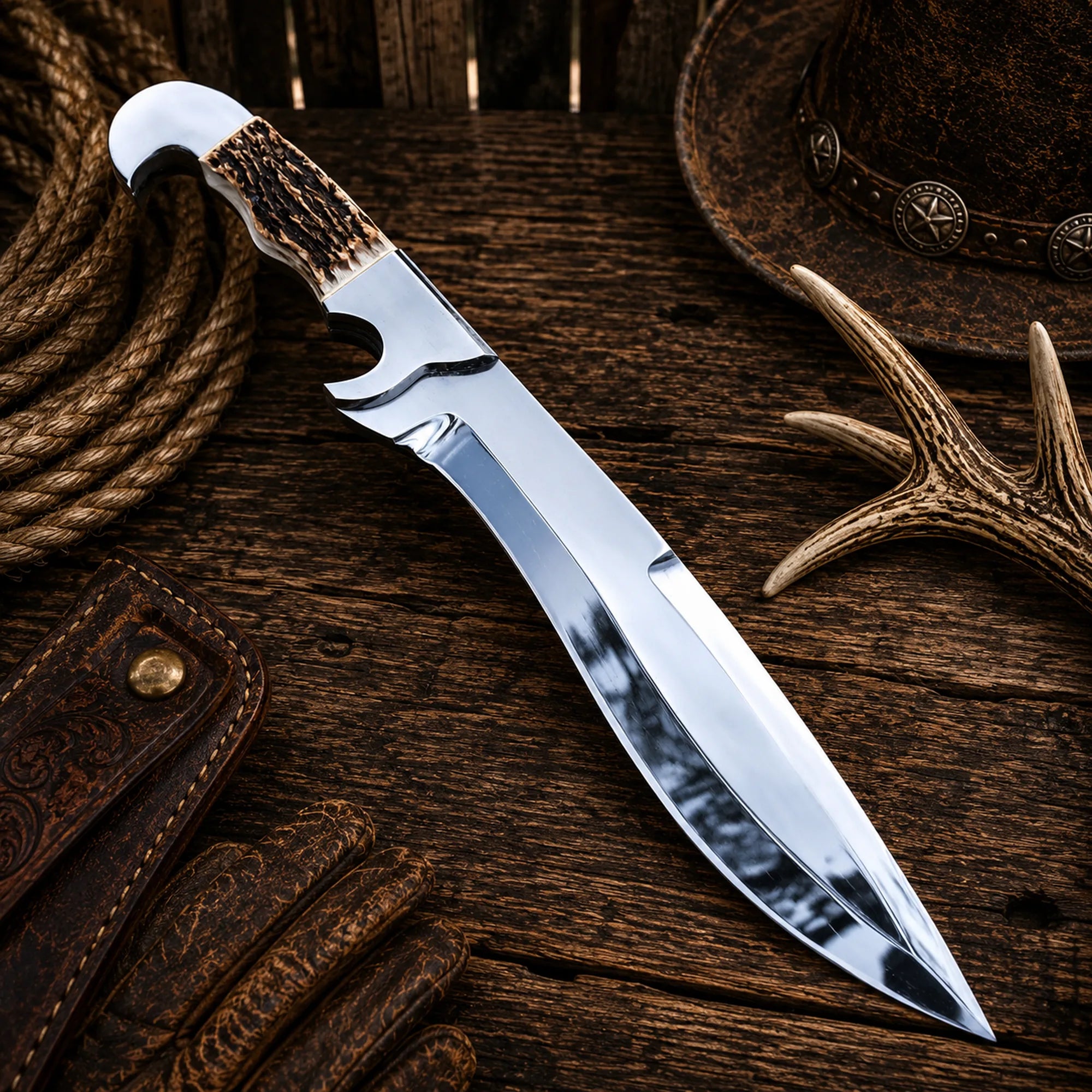 Handmade 17-inch D2 steel Bowie knife with natural stag horn handle.