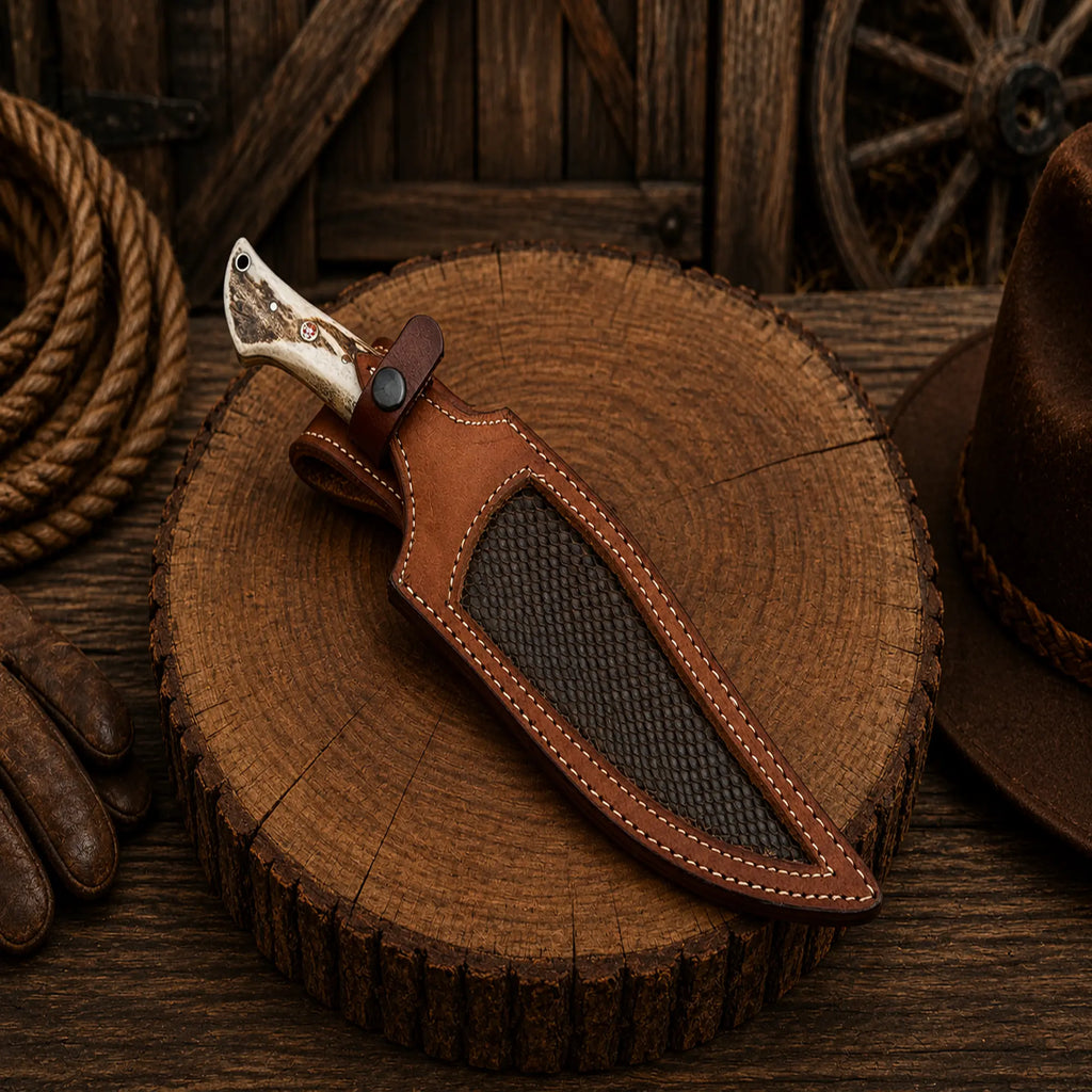 Stag horn Bowie knife with custom cowhide leather sheath