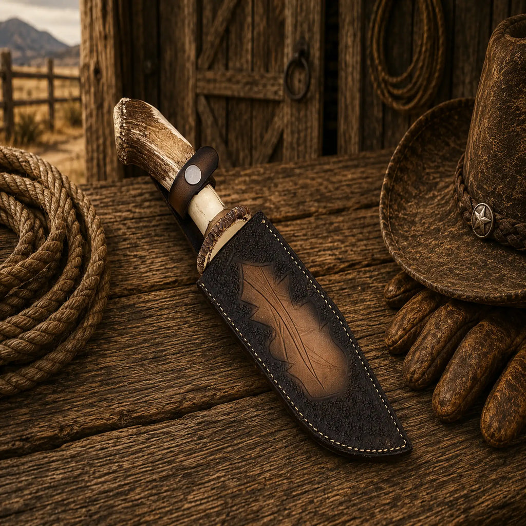 D2 steel acid etched Bowie knife with leather sheath