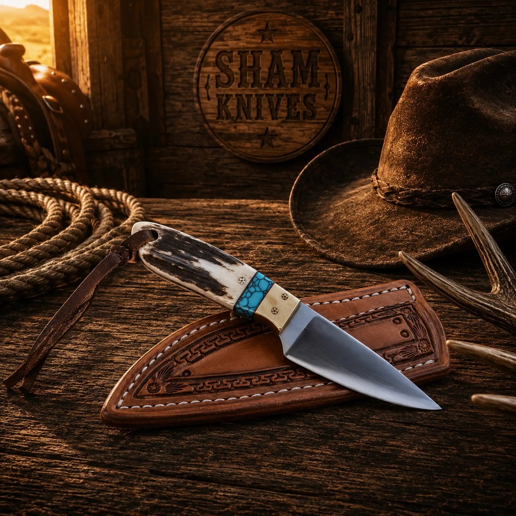 Stag and turquoise Buckaroo ranch knife with D2 acid-wash steel blade