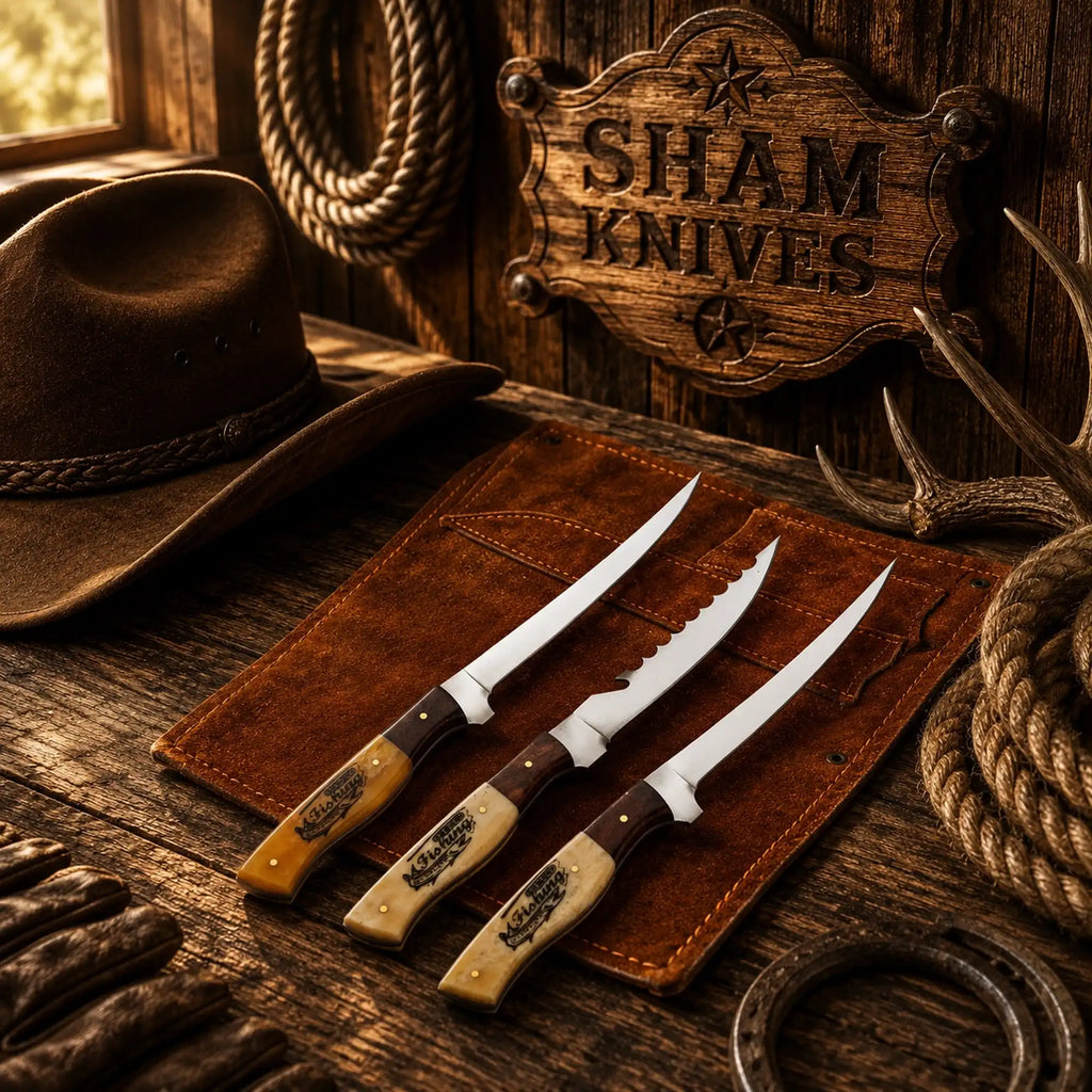 Three handmade fishing knives with natural bone handles