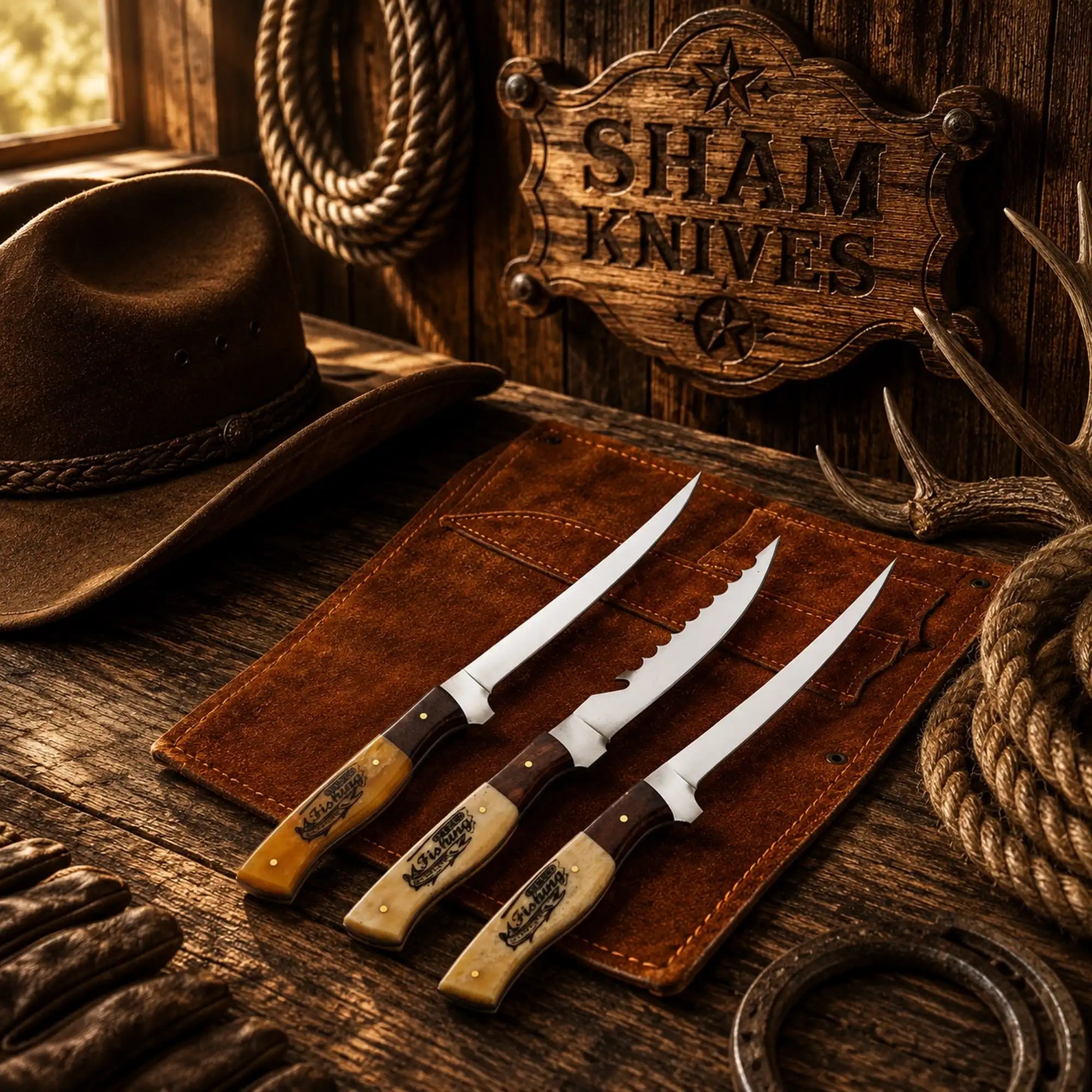 Three handmade fishing knives with natural bone handles