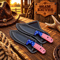 Stars & Stripes D2 Hunting Knife Set – Cowboy Skinner Pair with side belt leather sheath - SHAM KNIVESCowboy KnifeSHAM KNIVESStars and Stripes D2 cowboy skinner hunting knife set