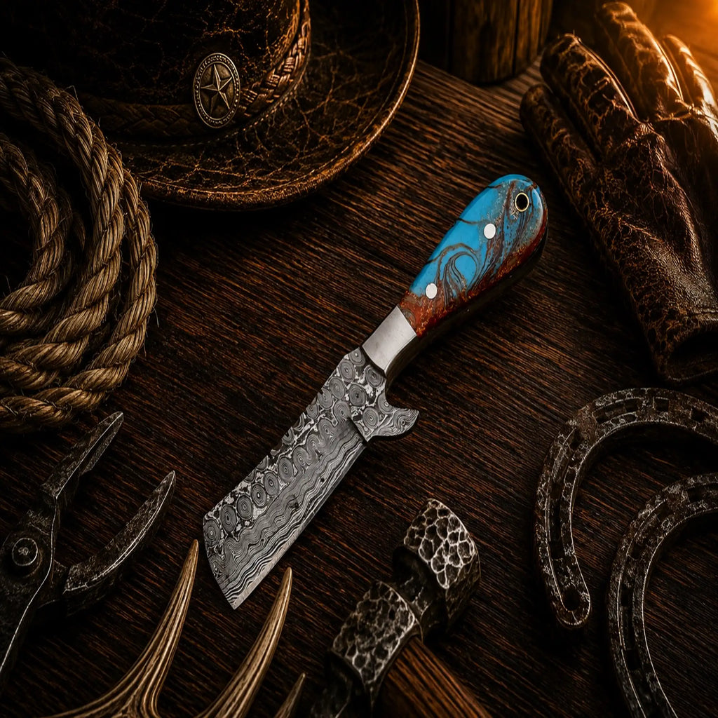 Stockman's Bull Cutter Knife with Damascus steel blade and epoxy resin handle.
