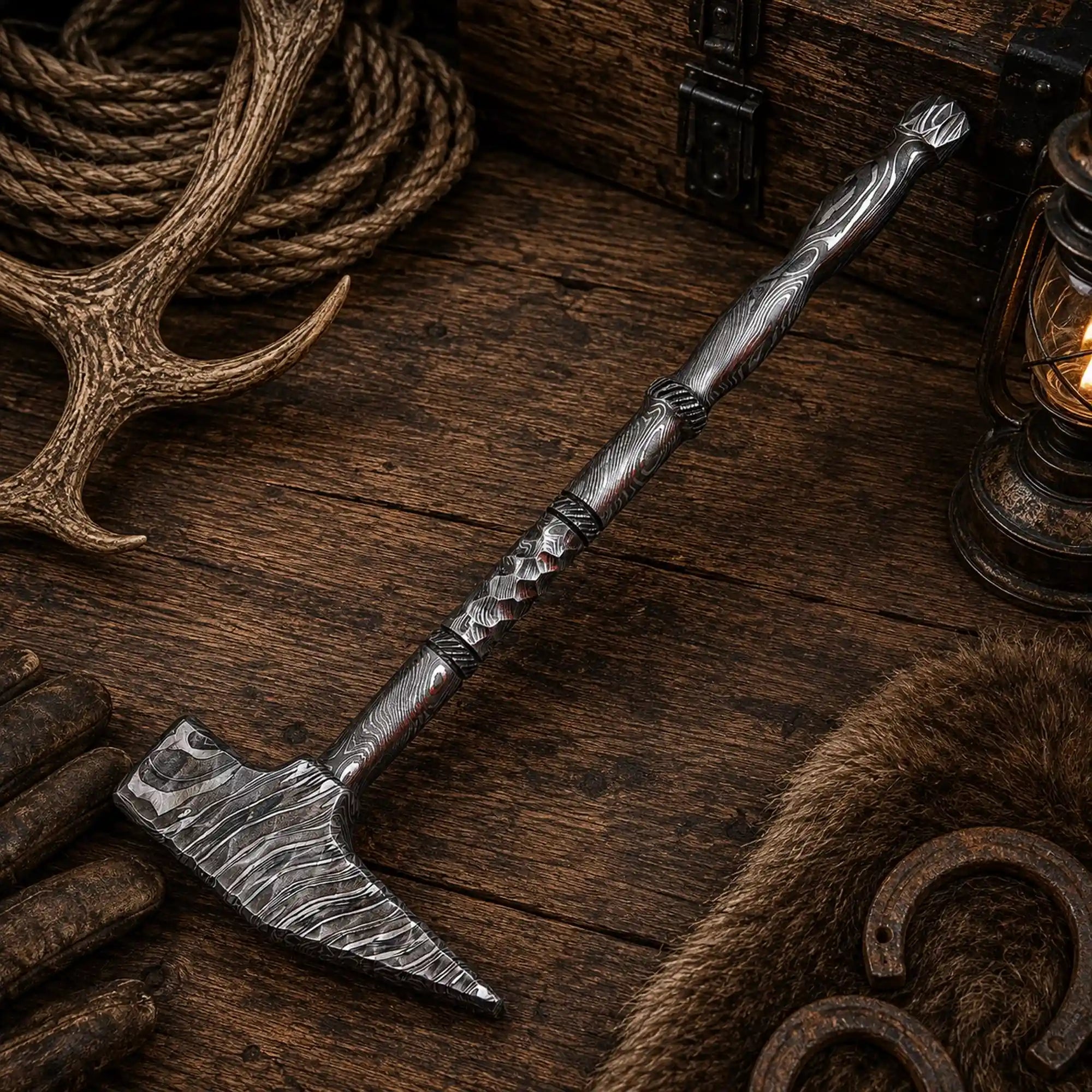 Stormforge Damascus-steel hammer with hand-forged twist-pattern handle