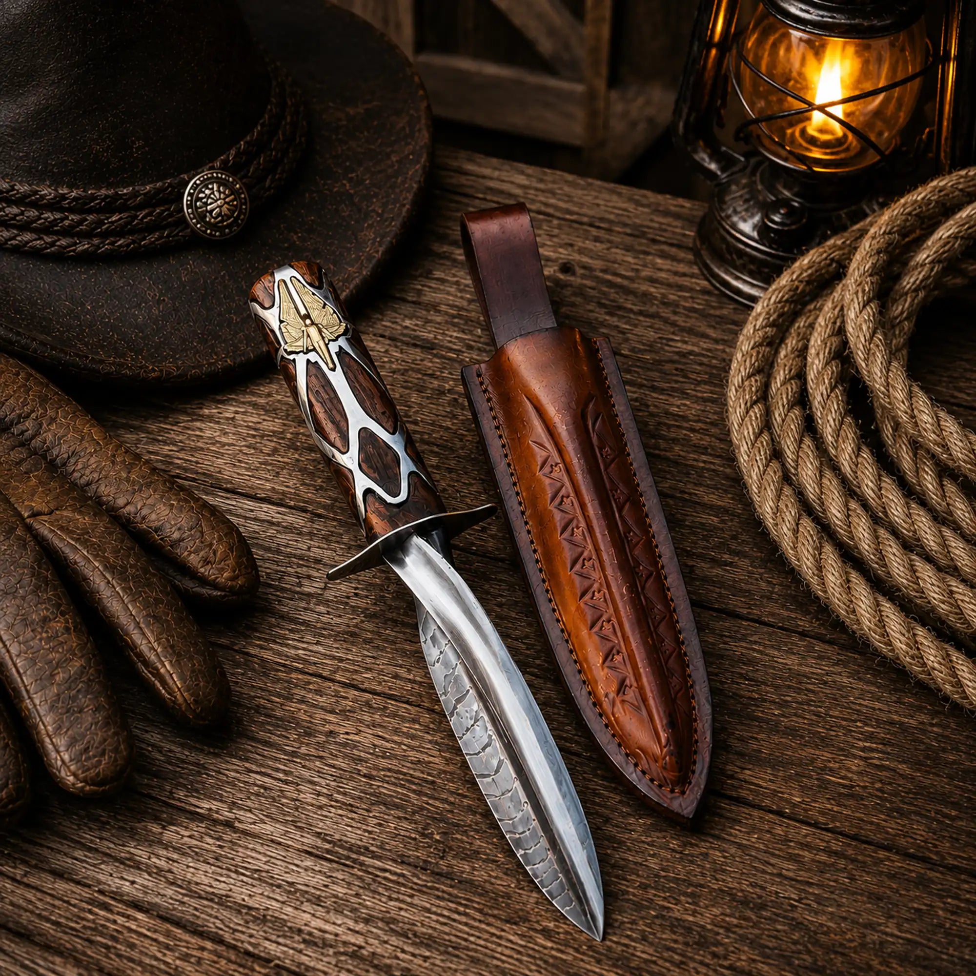 Subtle Knife replica with wood handle brass and silver details leather sheath