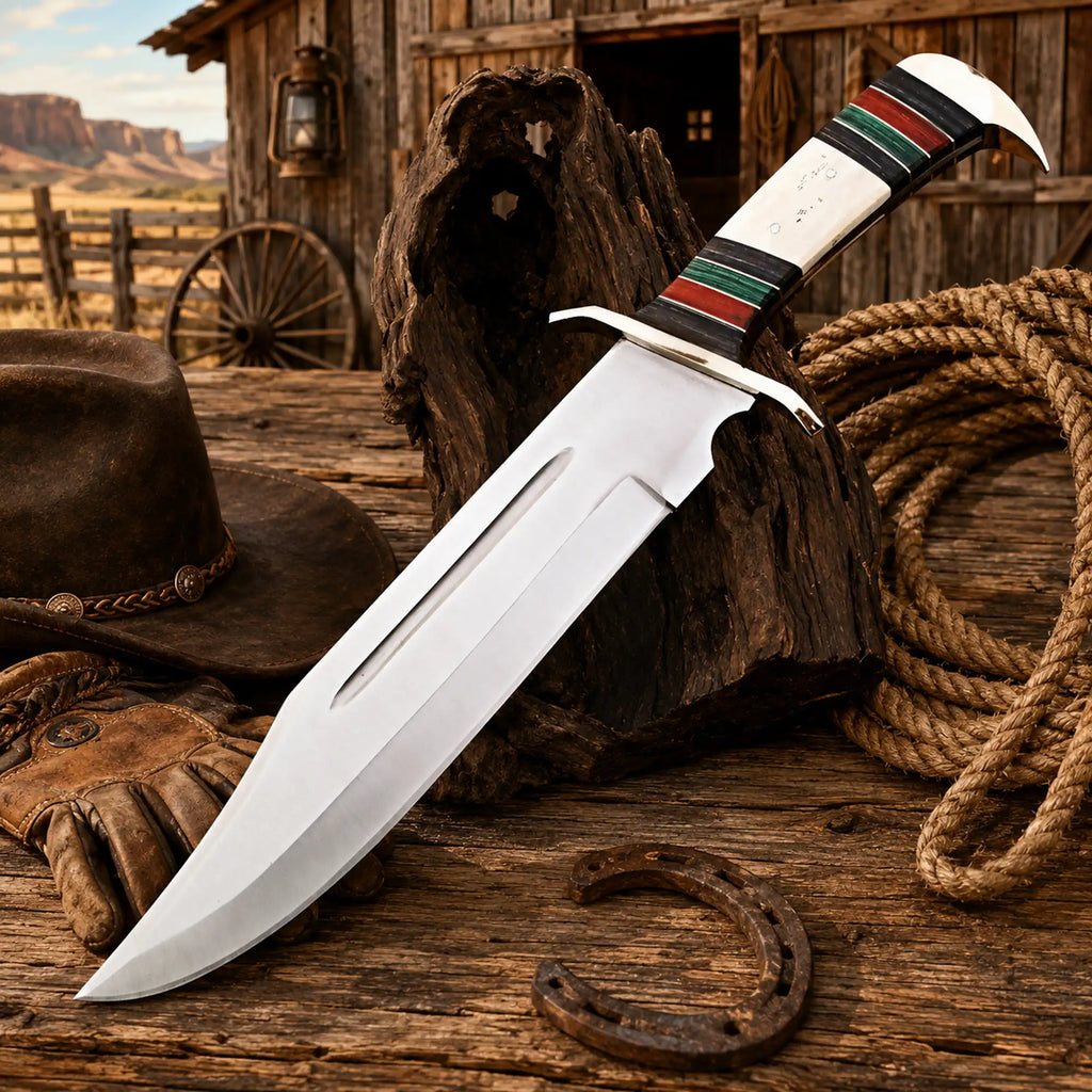Large Bowie survival knife with wood and bone handle brass clip and pommel