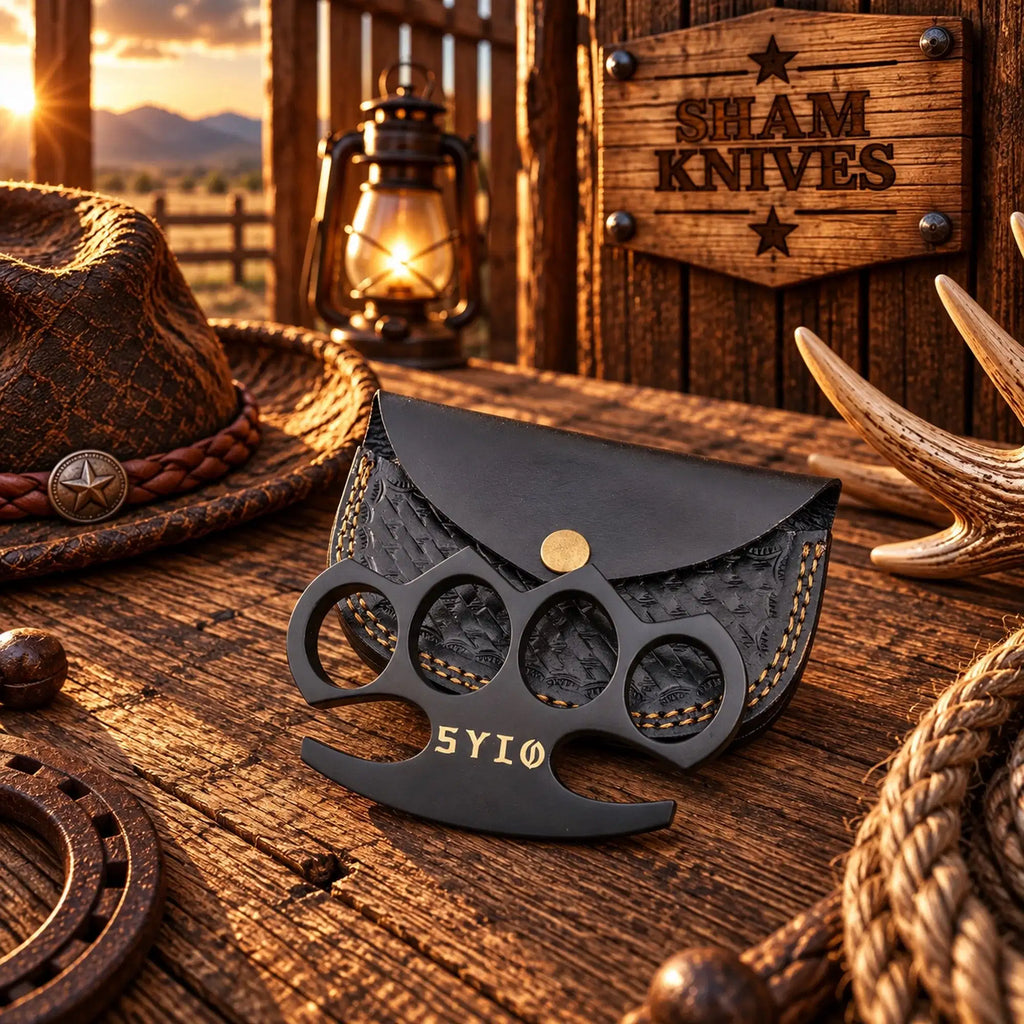 Alt text: SYLO premium hand-cast brass knuckle collectible with gold lettering