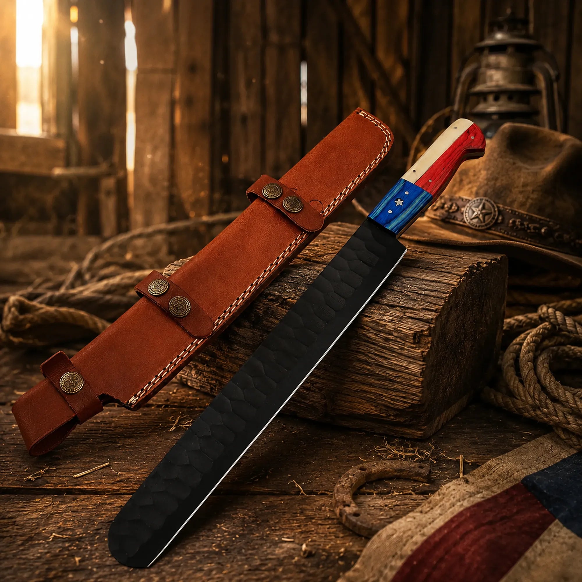 Professional brisket chef knife for smoked meat slicing with leather sheath