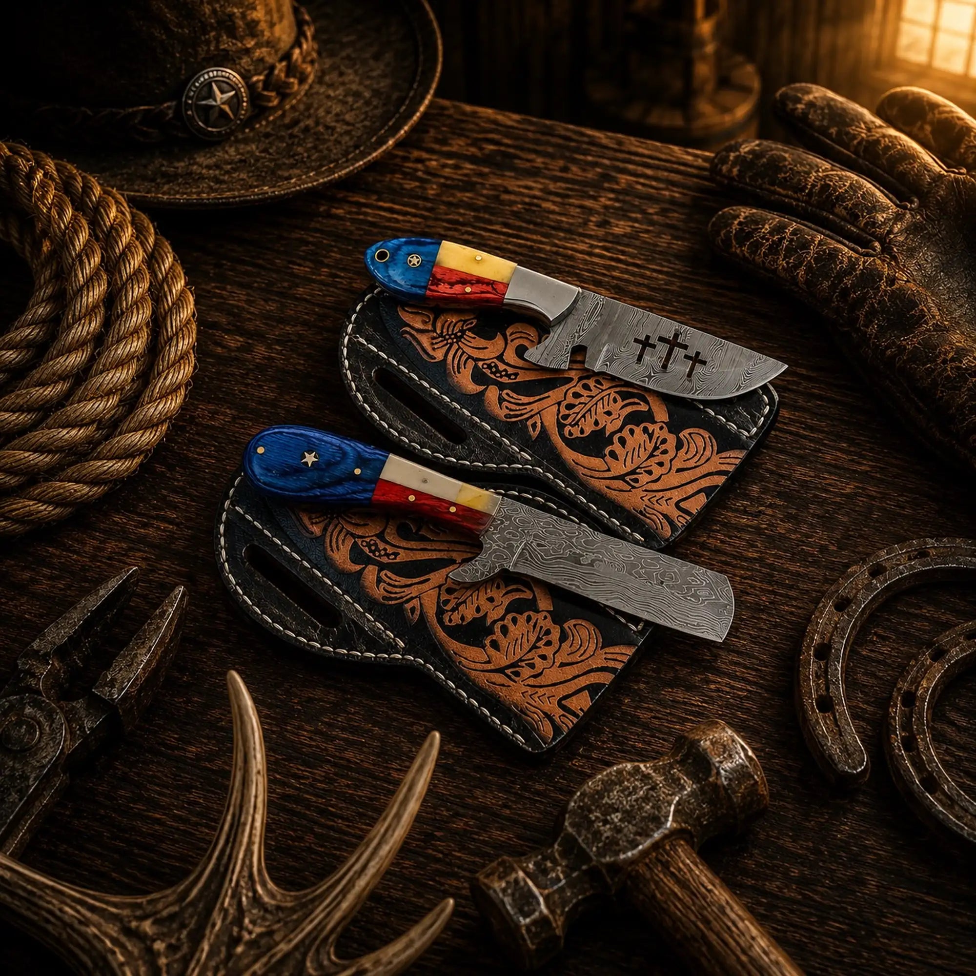 Handmade Texas Flag Bull Cutter and Hunting Knife Set with Damascus steel blades
