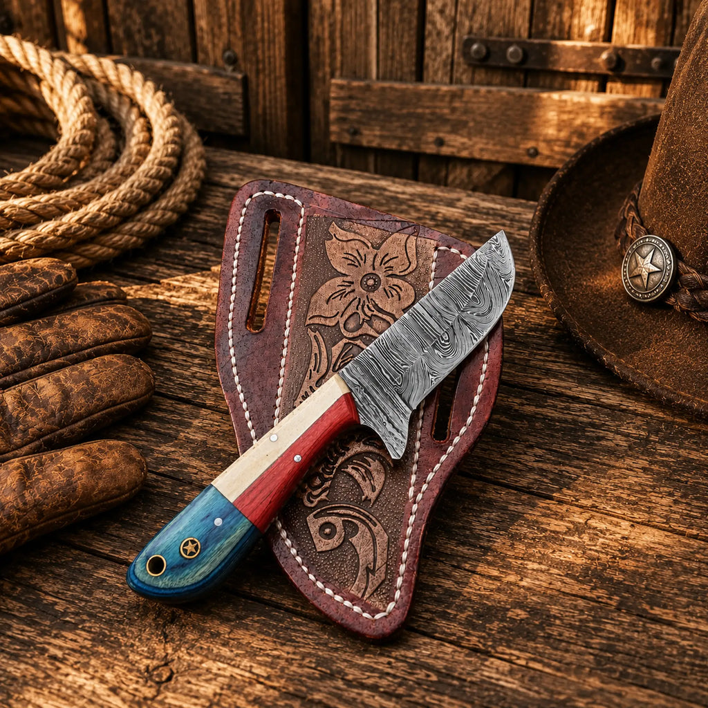 Western cowboy knife with Texas flag handle and premium leather belt sheath.