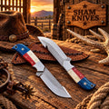 Gut hook and skinning rasp steel knife combo with Texas flag handles and a brown leather sheath
