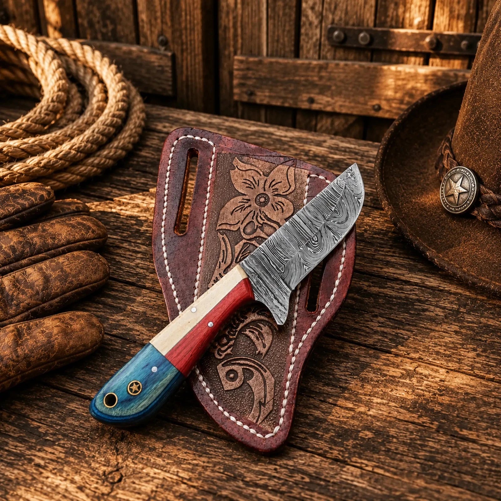 Texas Ranch Field Knife – Damascus Steel Blade with Back Belt Sheath - SHAM KNIVESCowboy KnifeSHAM KNIVESWestern cowboy knife with Texas flag handle and premium leather belt sheath.