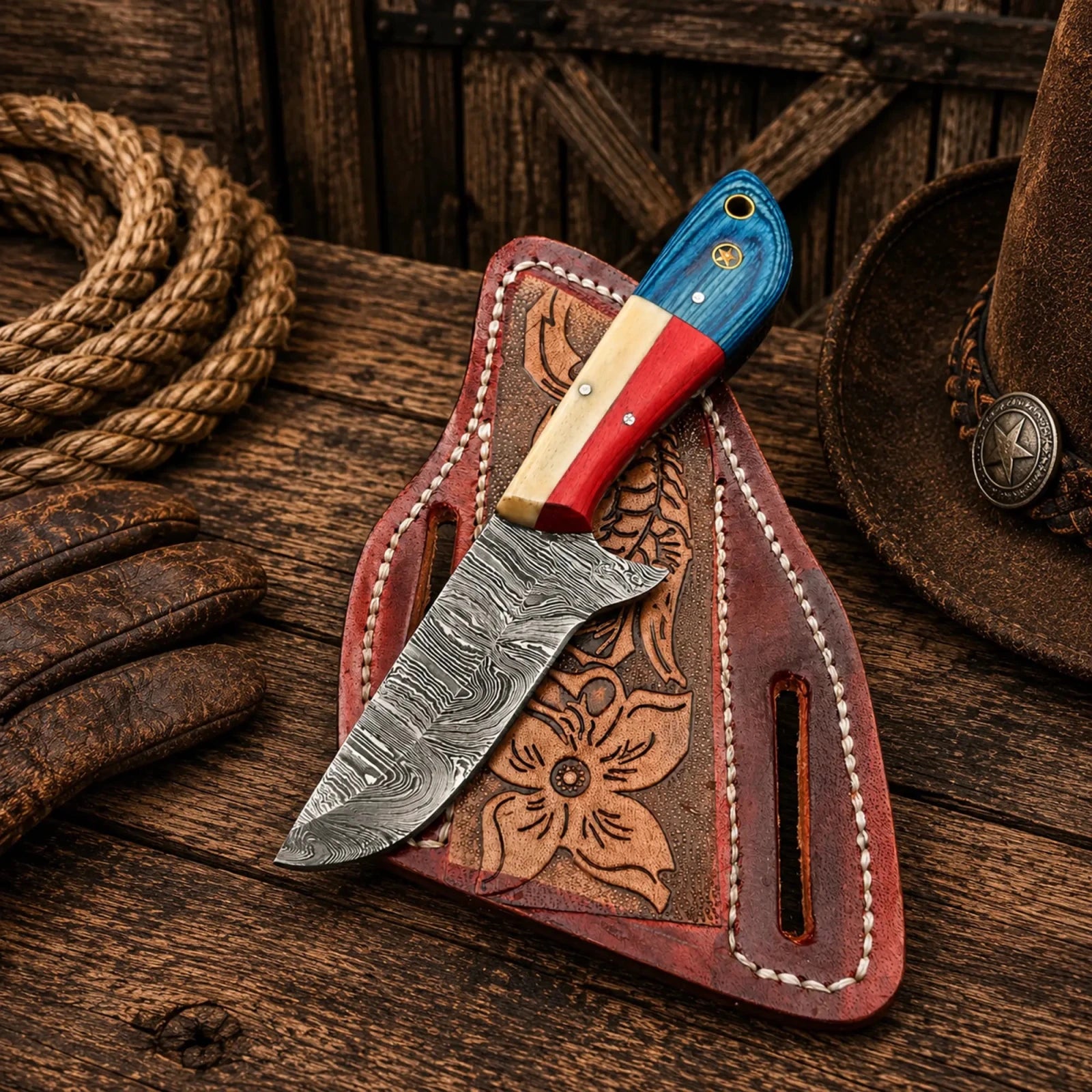Texas Ranch Field Knife – Damascus Steel Blade with Back Belt Sheath - SHAM KNIVESCowboy KnifeSHAM KNIVESTexas Ranch Field Knife featuring a handmade Damascus steel blade and Texas flag handle