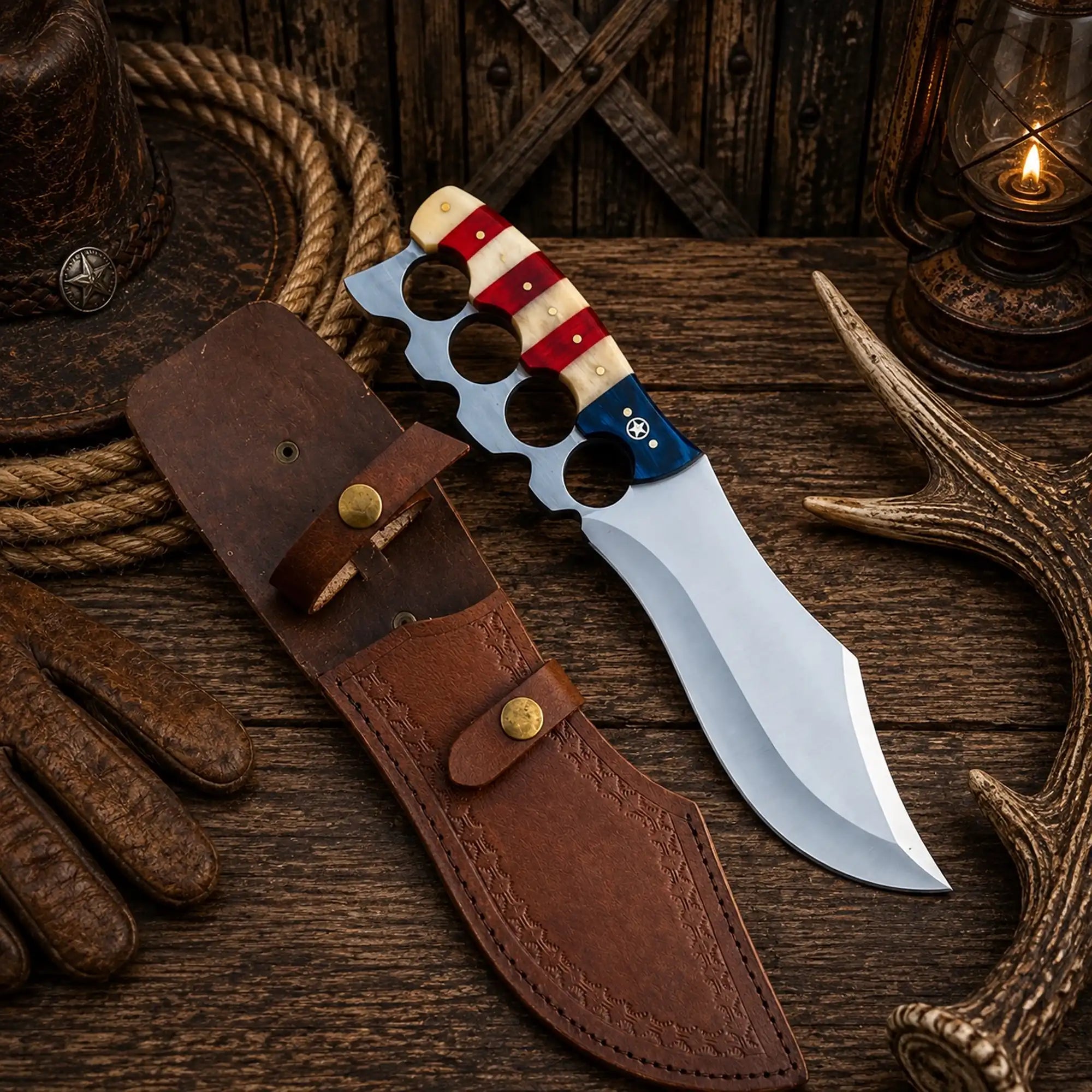 Texas Ranger D2 steel Bowie knife with four-ring handle